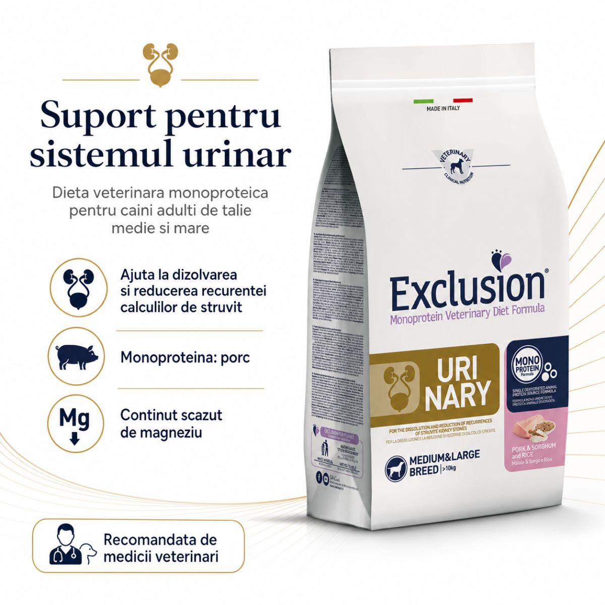 EXCLUSION Monoprotein Veterinary Diet Formula Urinary, M-XL, Porc, dietă veterinară, hrană uscată monoproteică câini, sistem urinar, 12kg - imagine 3